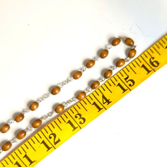 Wooden Bead & Silver Tone Catholic Rosary Necklace Prayer Beads - Picture 6 of 6